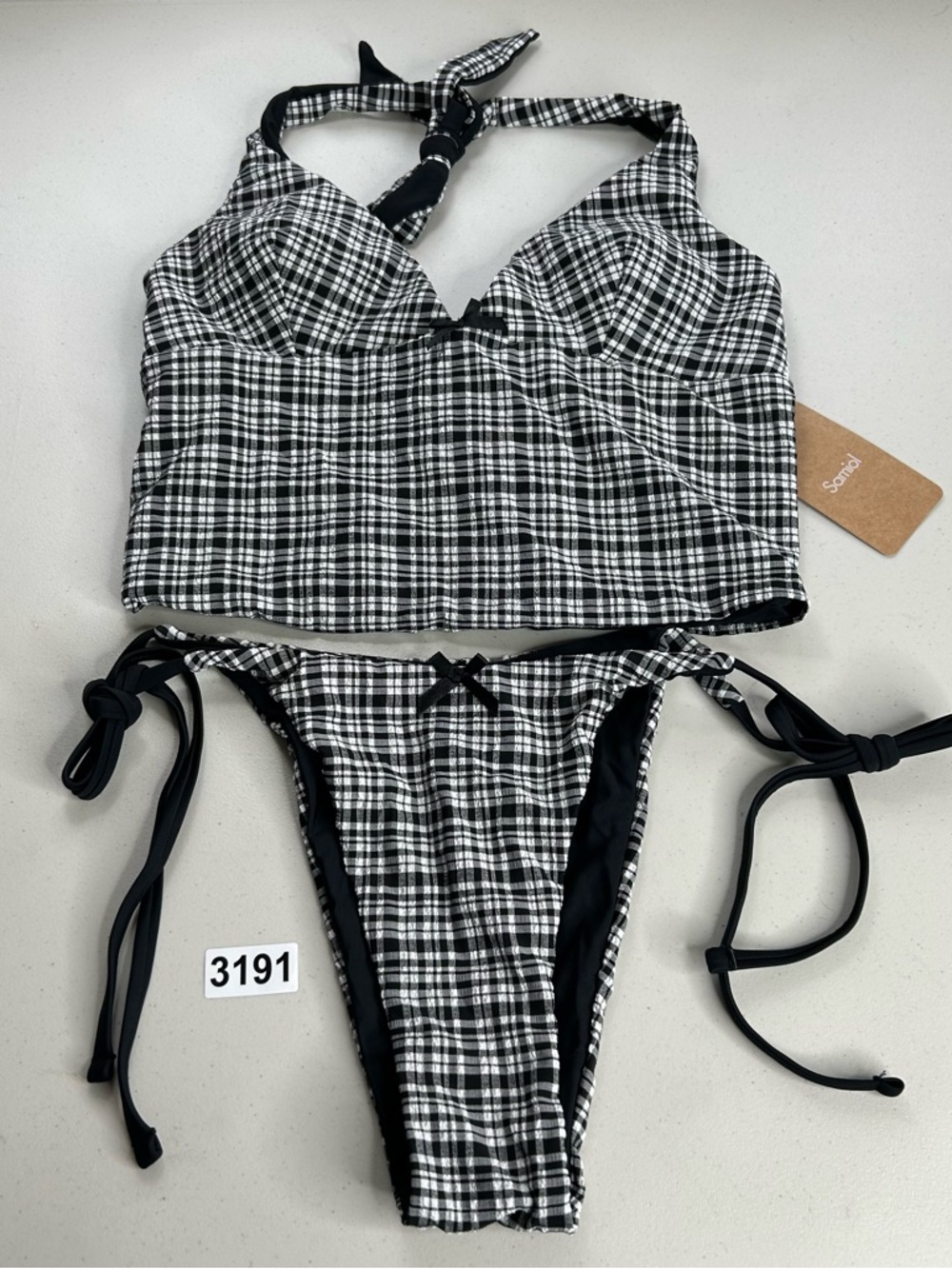 Black & White Plaid Women's Bikini Set - Chic Tie Side Swimwear
